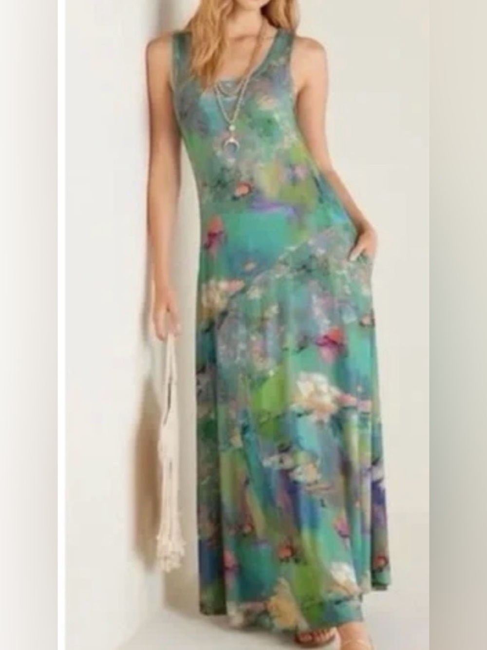 Soft Surroundings Santiago Lakeview Water Color Women'sJersey Maxi Dress Sz XL